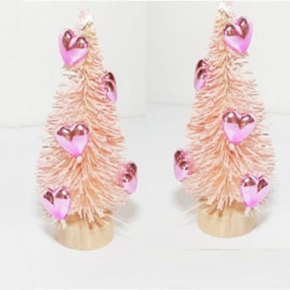 6Pc VALENTINE'S DAY Gift Decor Mini Sisal Trees Set Pink & Pink Metallic Hearts - Picture 2 of 2